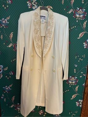 Stunning Cream Embellished Collar Long Coat - Vintage